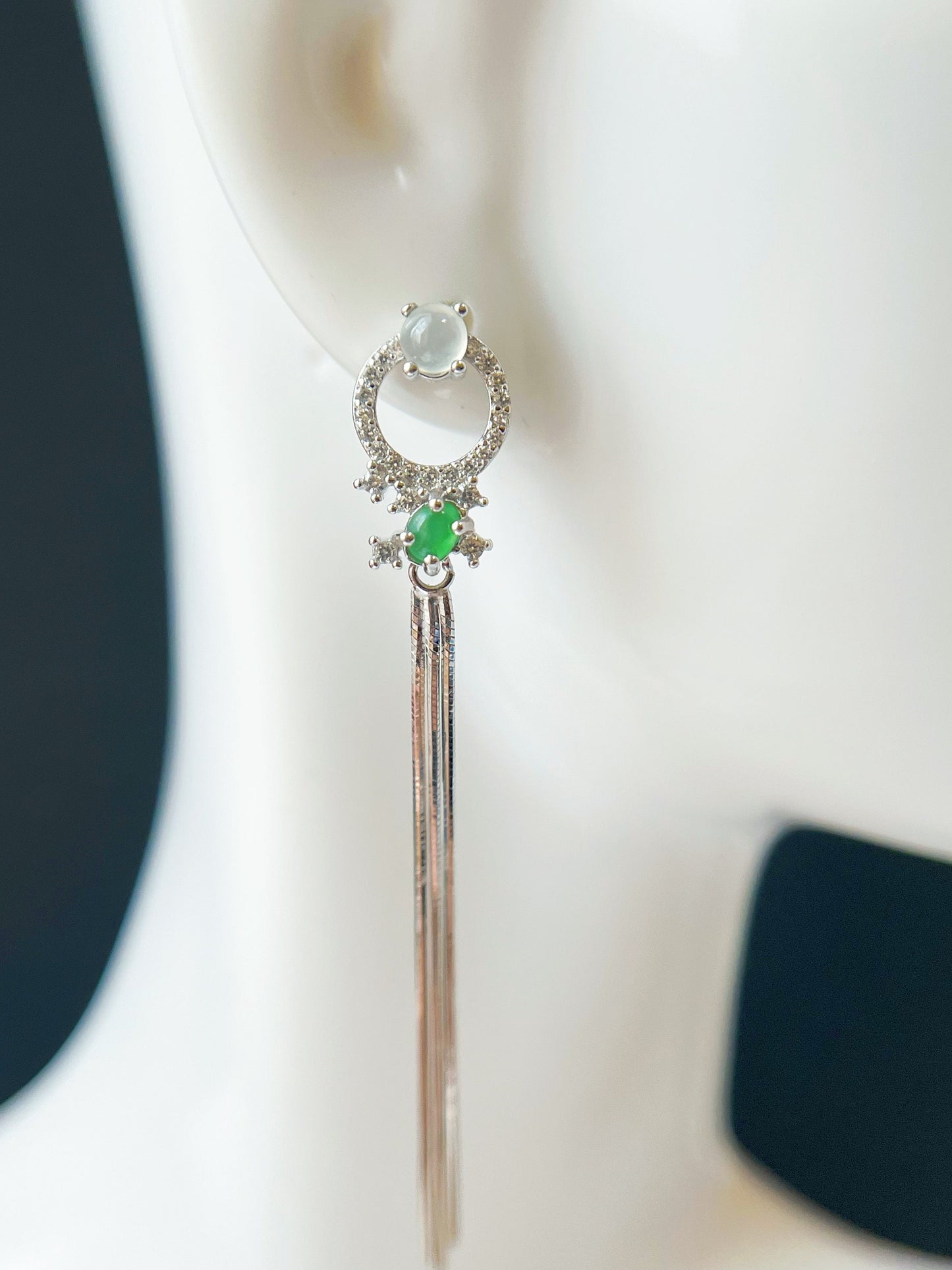 Green Jadeite Drop Earrings - Sterling Silver with Zircon Accents