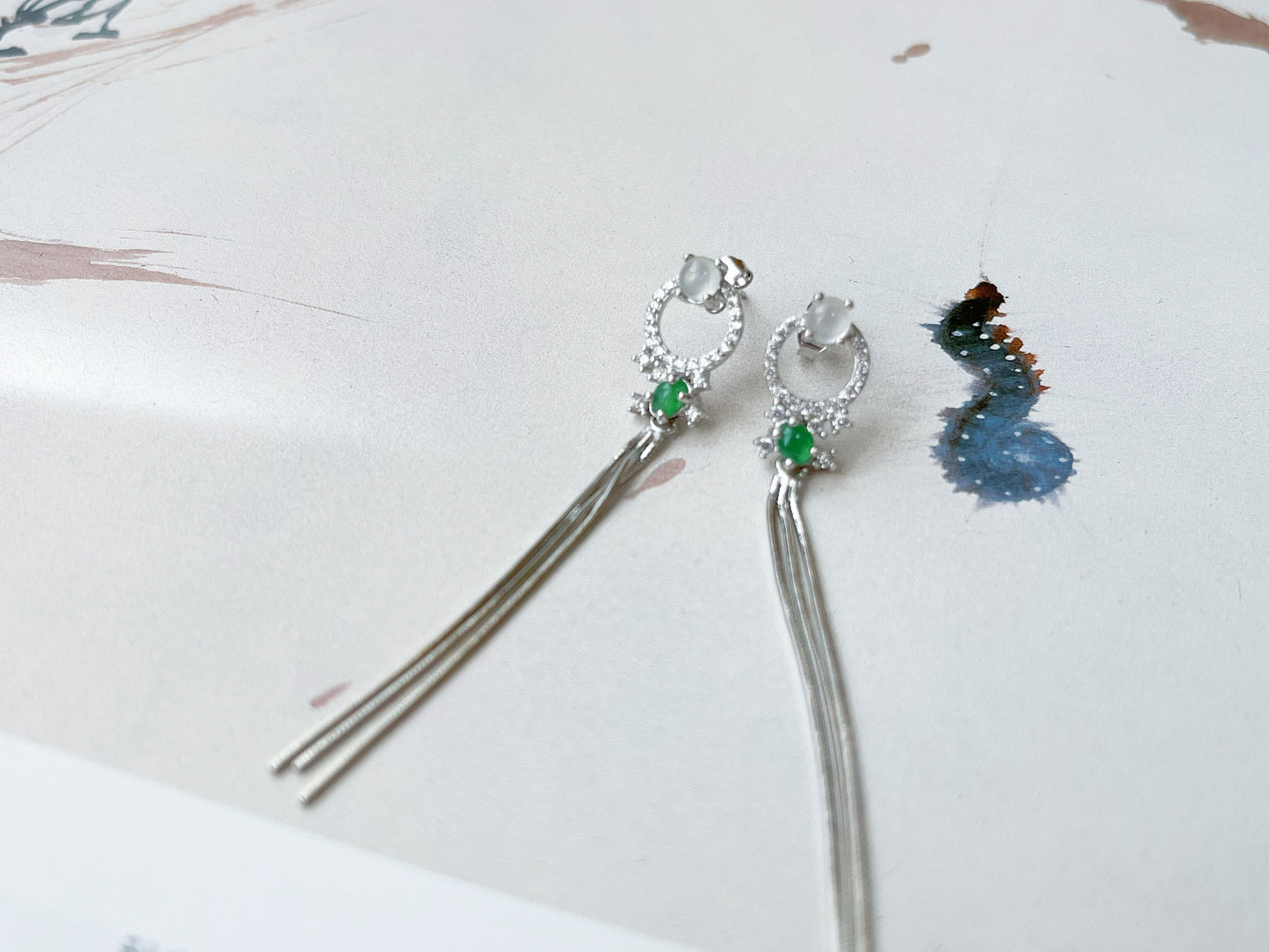 Green Jadeite Drop Earrings - Sterling Silver with Zircon Accents