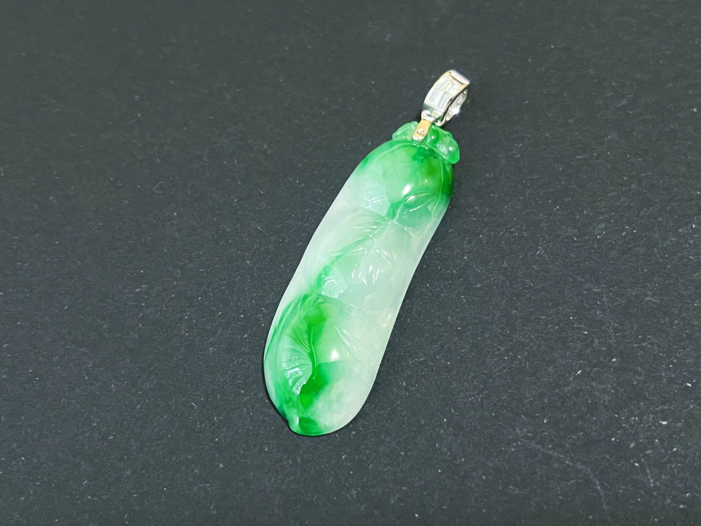 Green Jadeite Pea Pod Pendant - White Gold and Diamond Luck Symbol