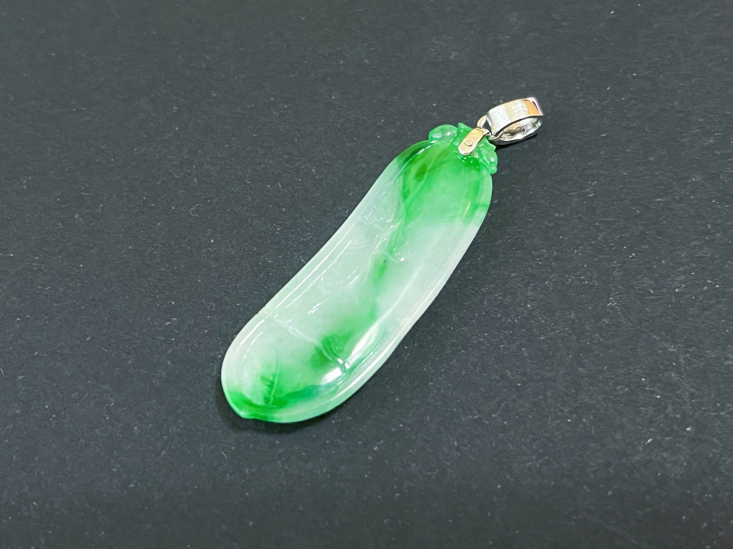 Green Jadeite Pea Pod Pendant - White Gold and Diamond Luck Symbol