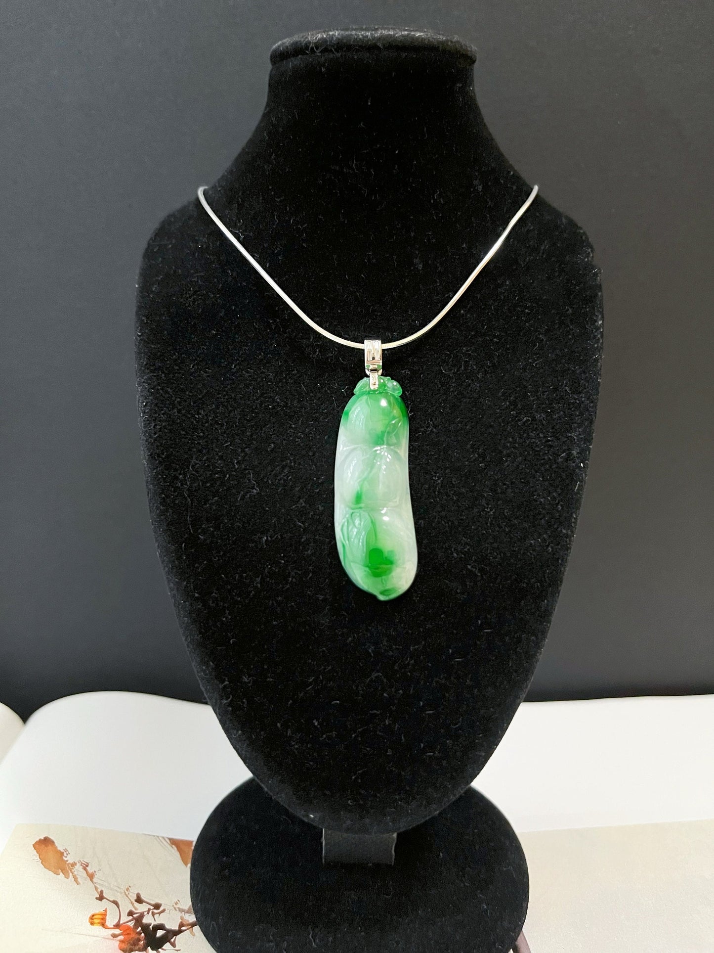Green Jadeite Pea Pod Pendant - White Gold and Diamond Luck Symbol