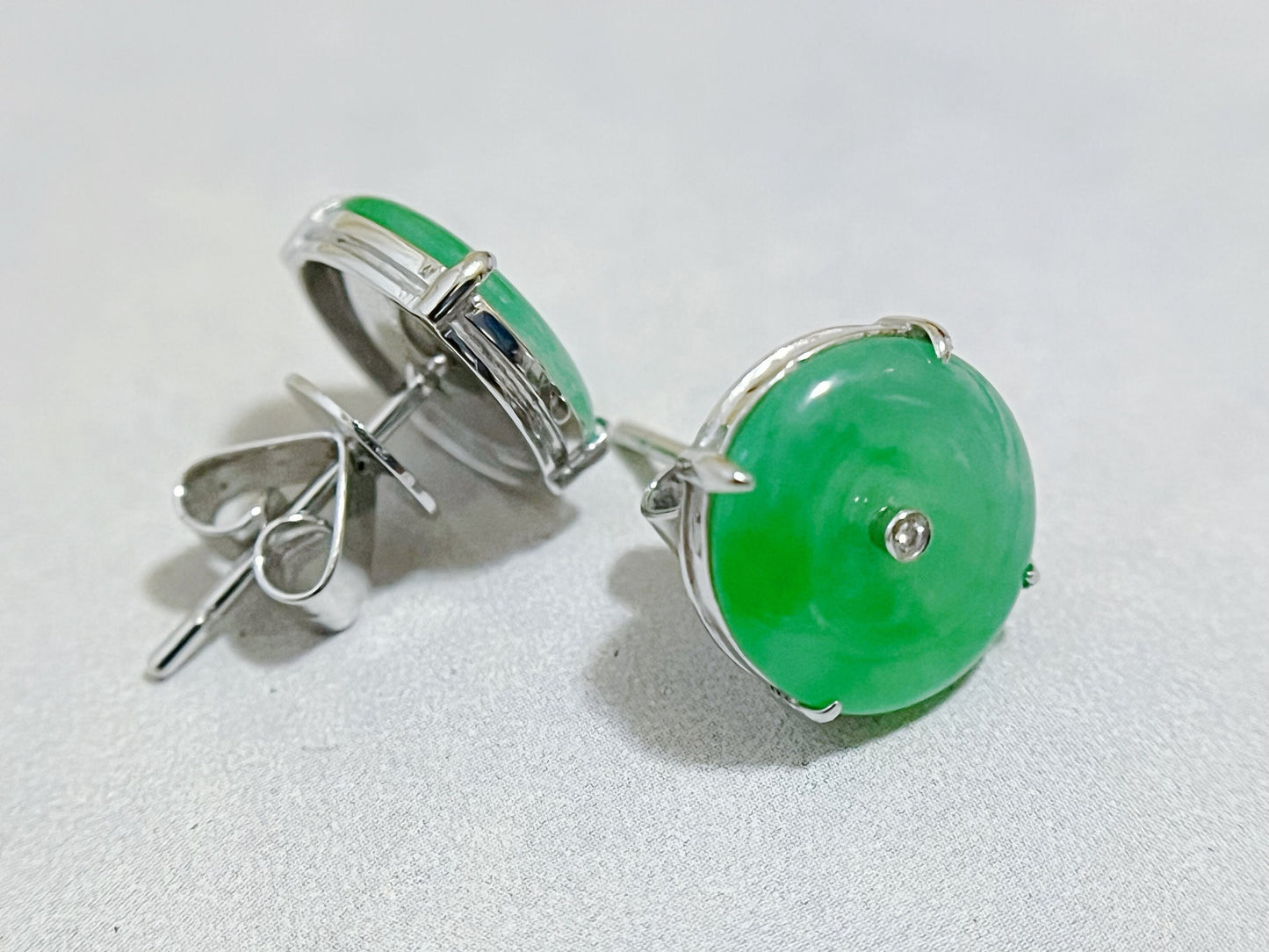 Natural Myanmar Imperial Green Donut Jadeite Earrings in 18K White Gold