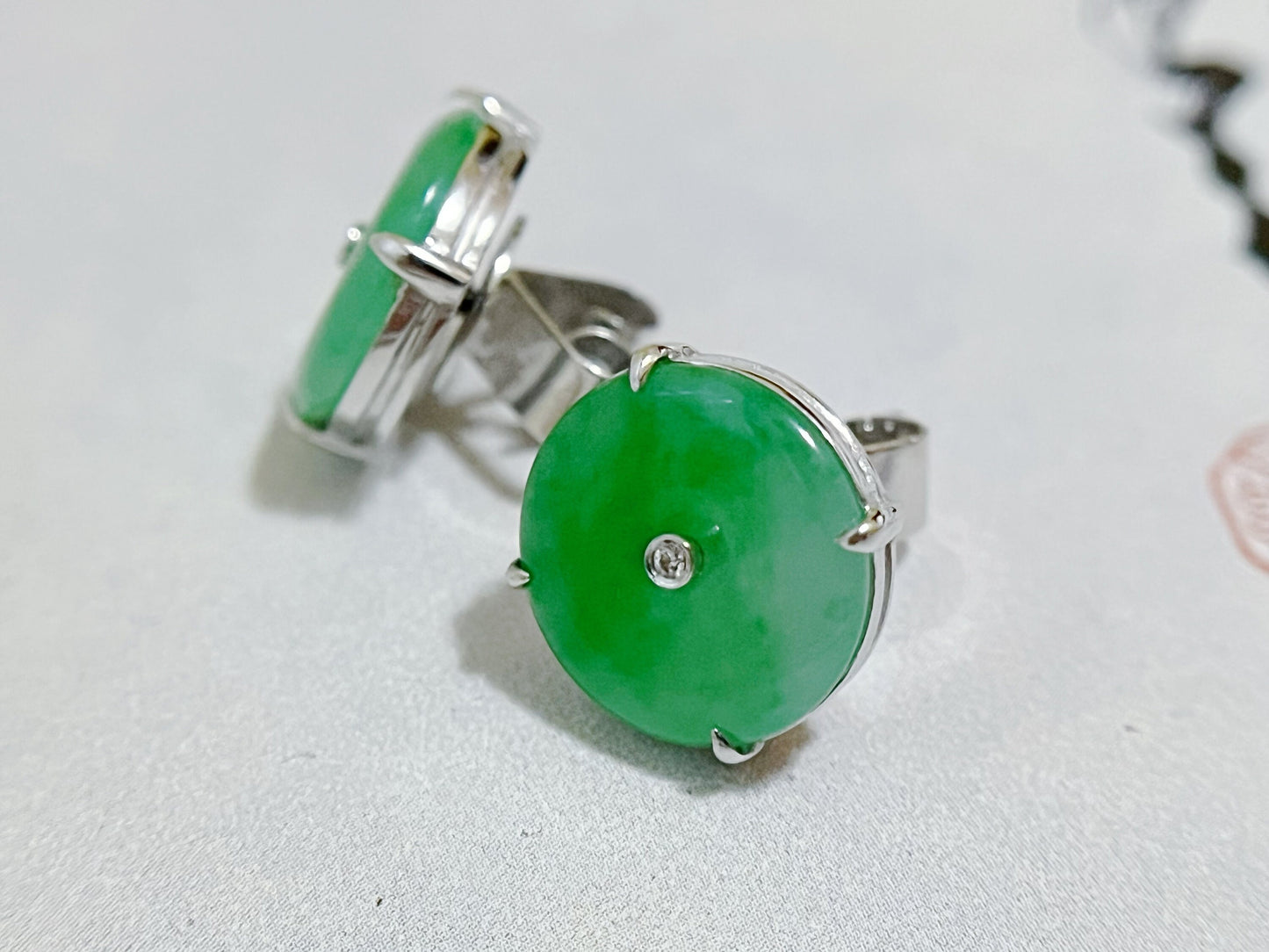 Natural Myanmar Imperial Green Donut Jadeite Earrings in 18K White Gold