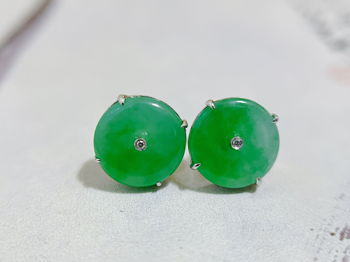 Natural Myanmar Imperial Green Donut Jadeite Earrings in 18K White Gold
