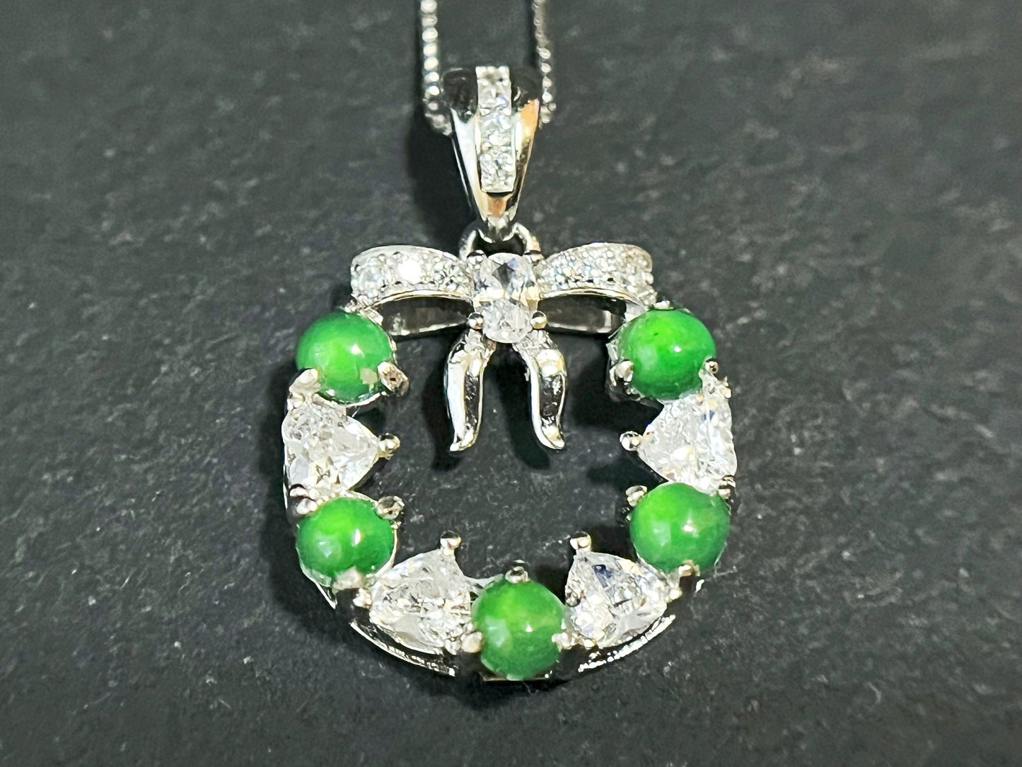 Natural Myanmar Imperial Green Jade Wreath Pendant in 925 Sterling Silver Necklace