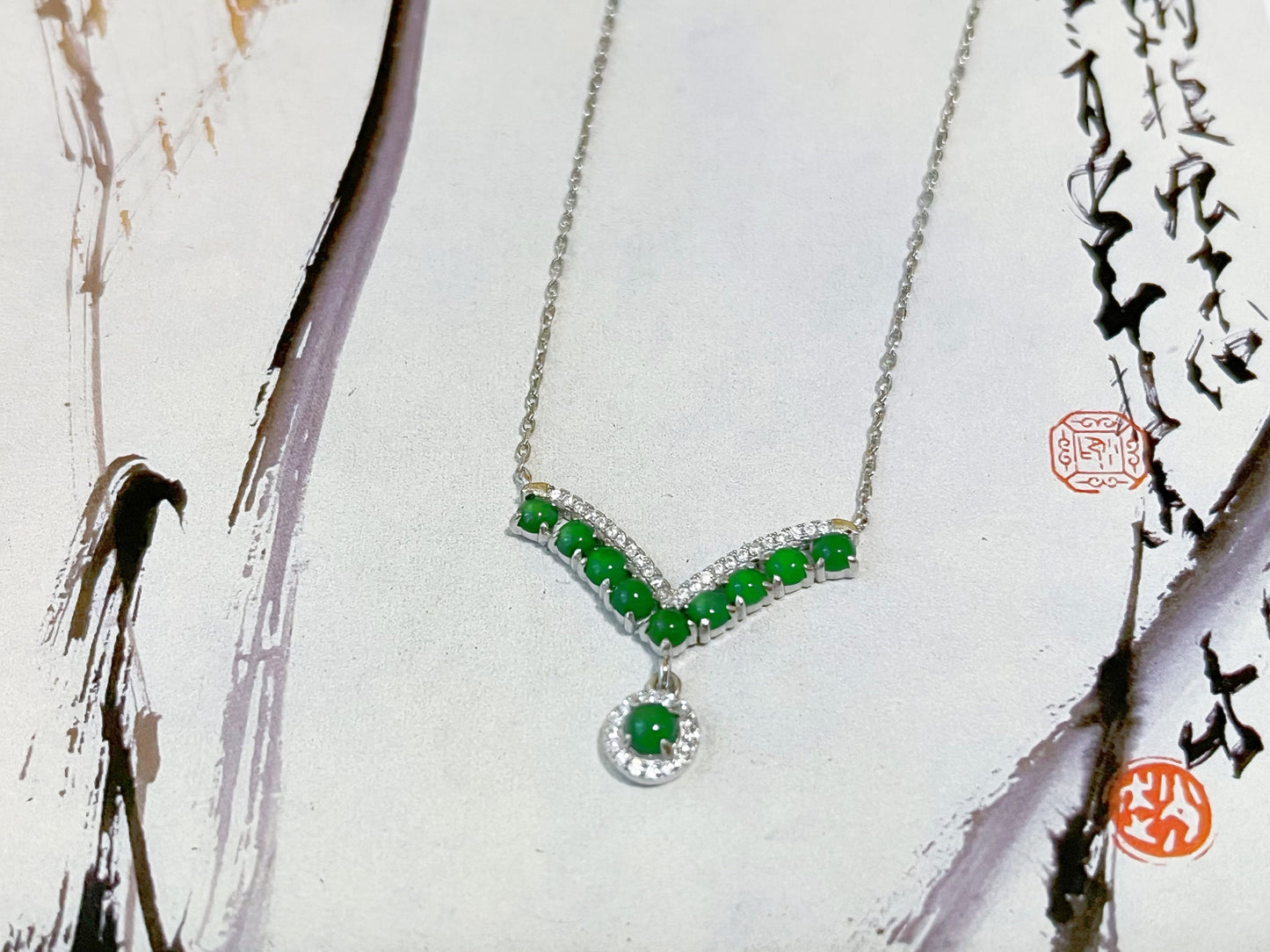 Imperial Green Jade V-Shaped Pendant Necklace in Sterling Silver