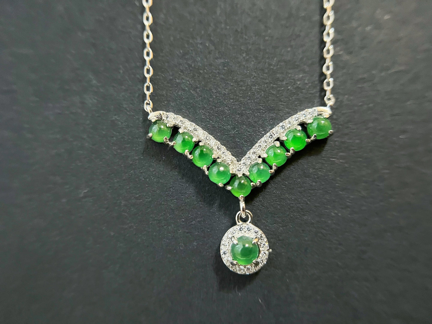 Imperial Green Jade V-Shaped Pendant Necklace in Sterling Silver