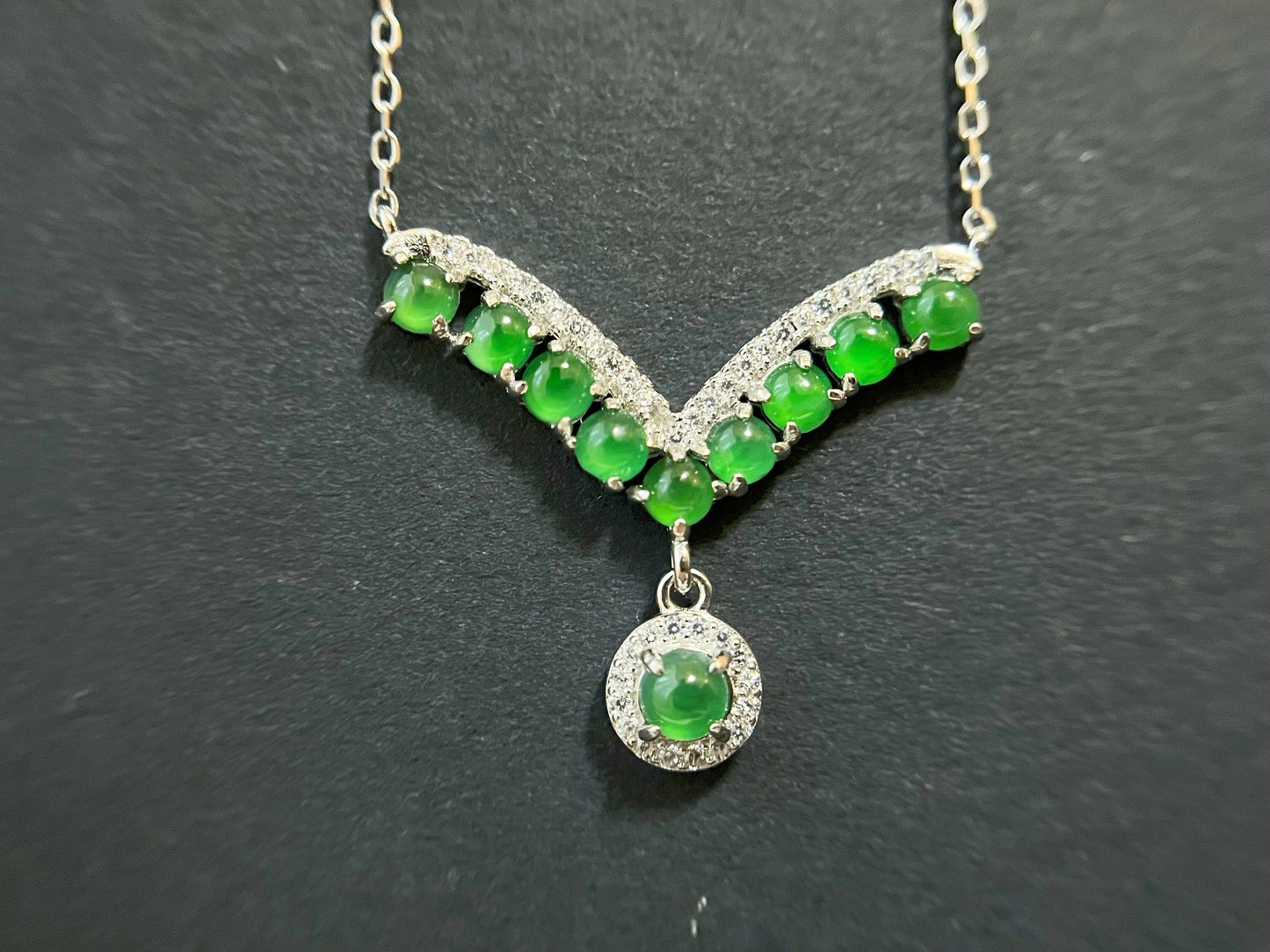 Imperial Green Jade V-Shaped Pendant Necklace in Sterling Silver