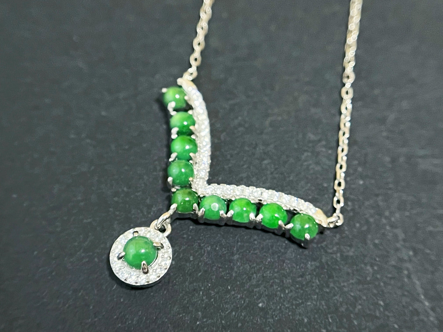 Imperial Green Jade V-Shaped Pendant Necklace in Sterling Silver
