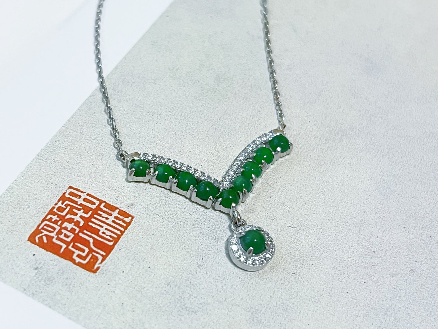 Imperial Green Jade V-Shaped Pendant Necklace in Sterling Silver