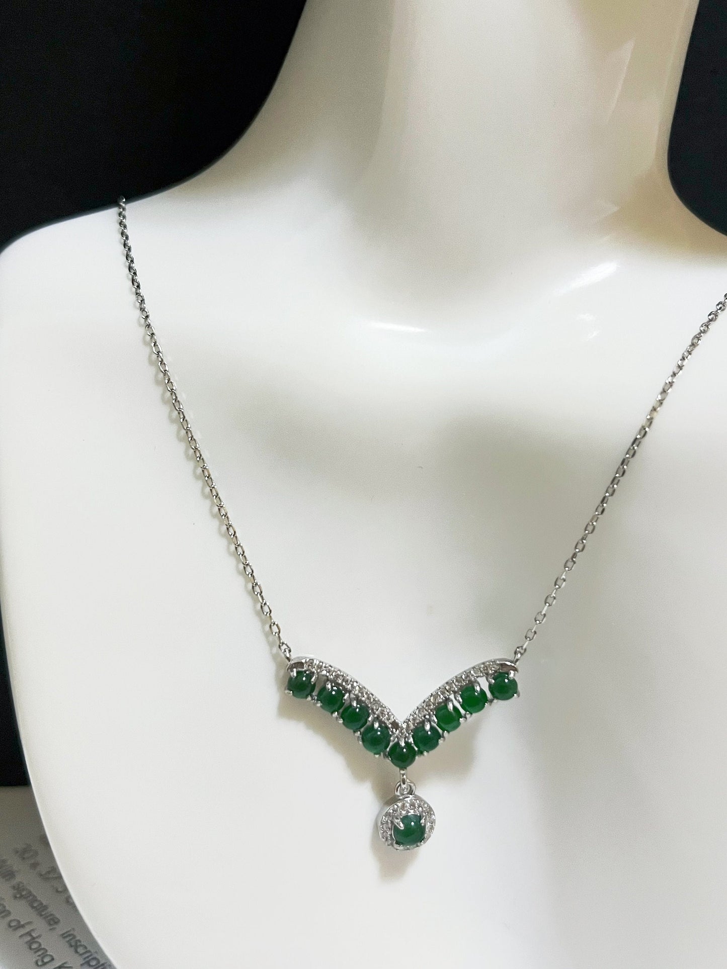 Imperial Green Jade V-Shaped Pendant Necklace in Sterling Silver
