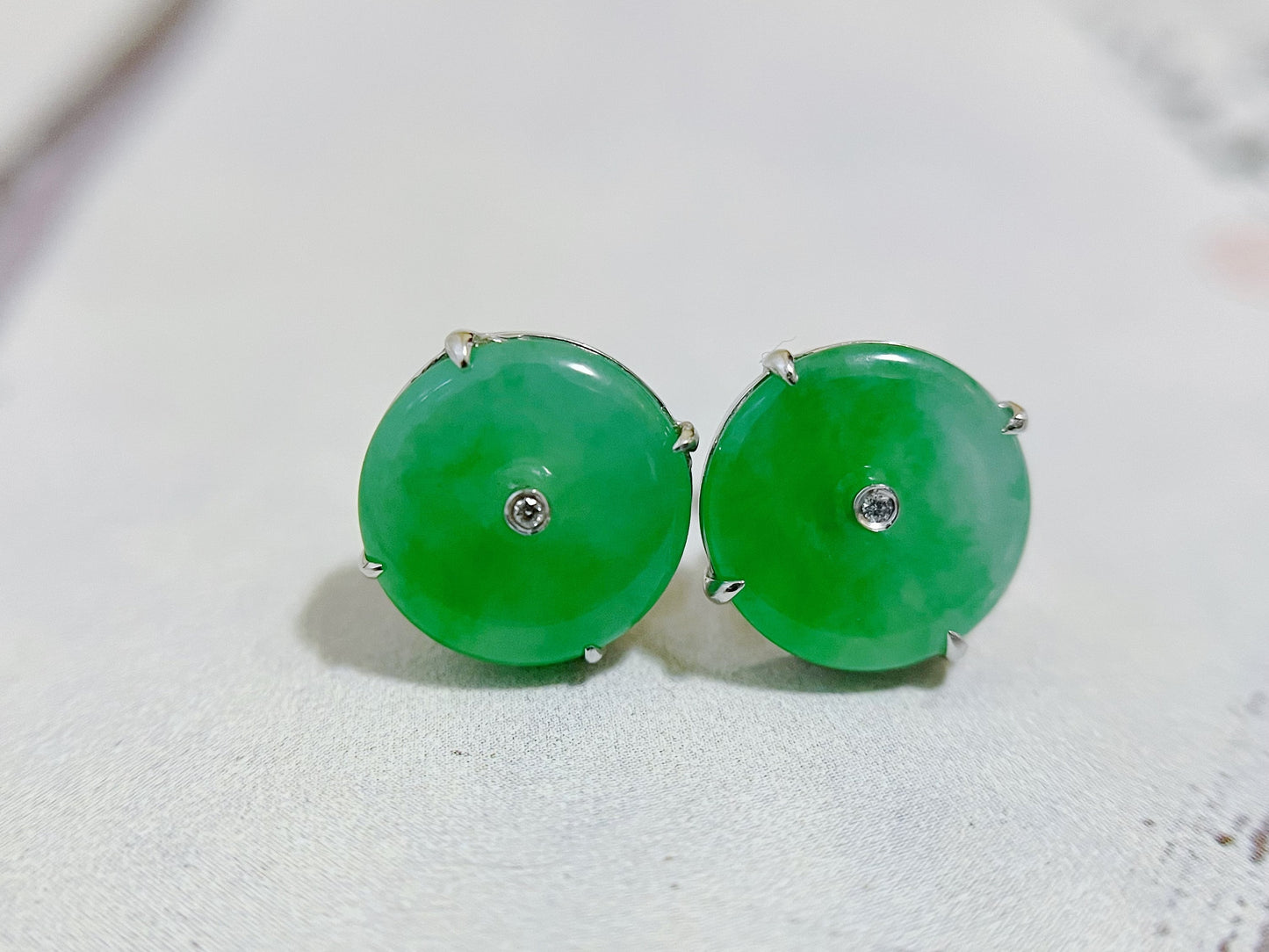 Natural Myanmar Imperial Green Donut Jadeite Earrings in 18K White Gold