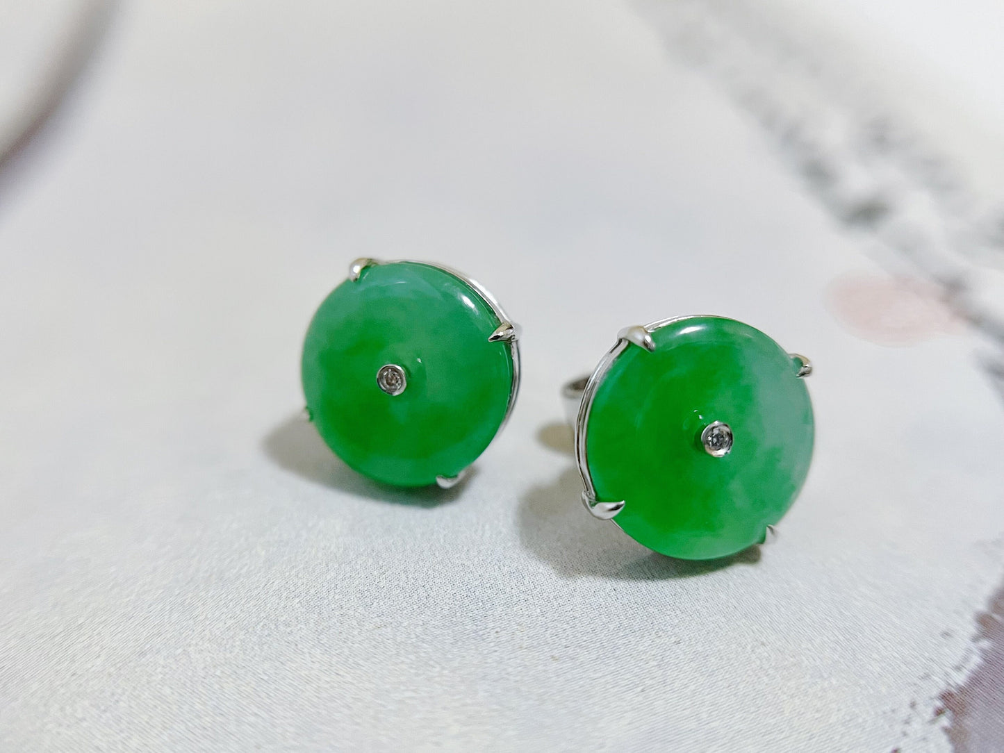 Natural Myanmar Imperial Green Donut Jadeite Earrings in 18K White Gold