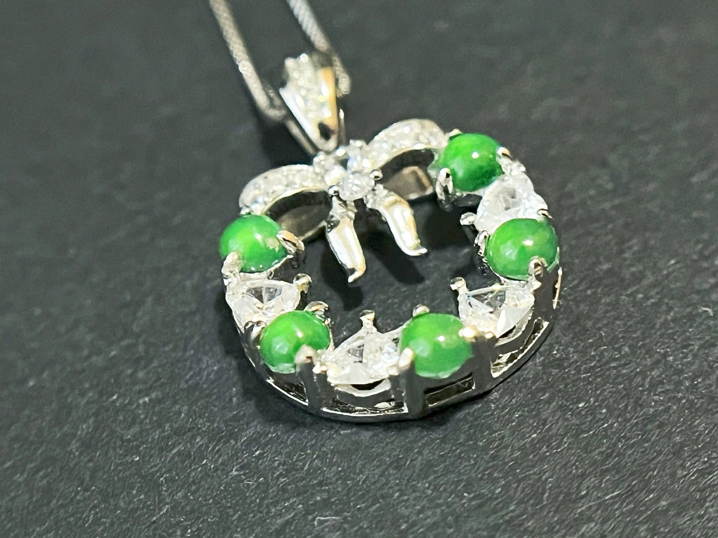 Natural Myanmar Imperial Green Jade Wreath Pendant in 925 Sterling Silver Necklace