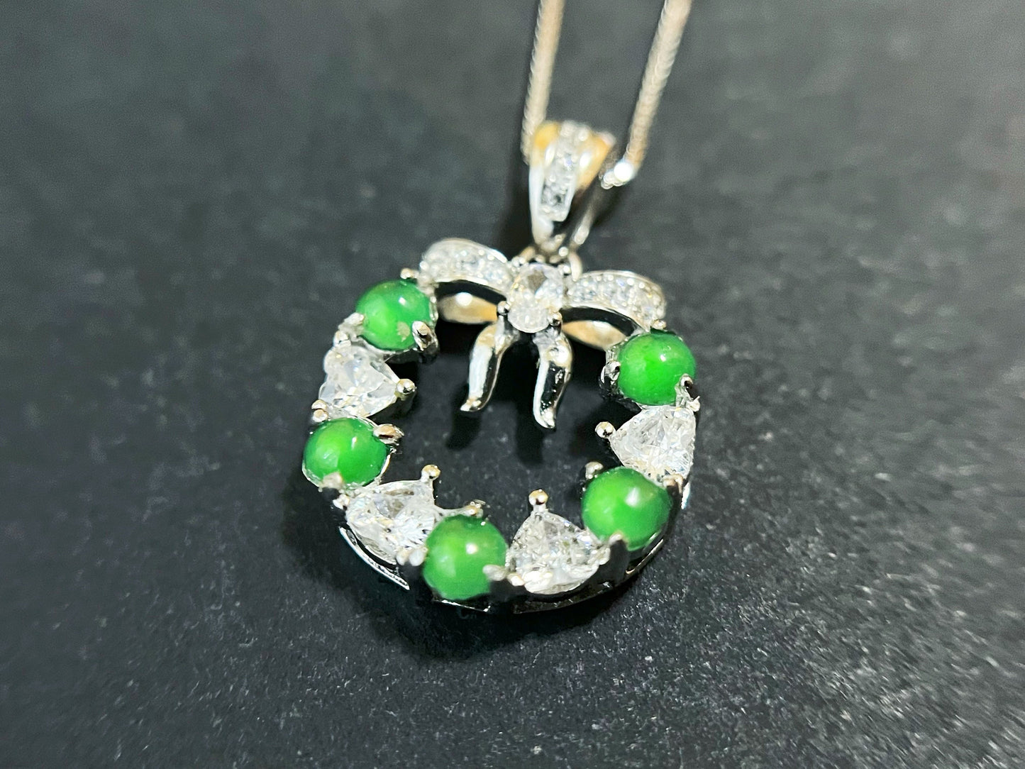 Natural Myanmar Imperial Green Jade Wreath Pendant in 925 Sterling Silver Necklace