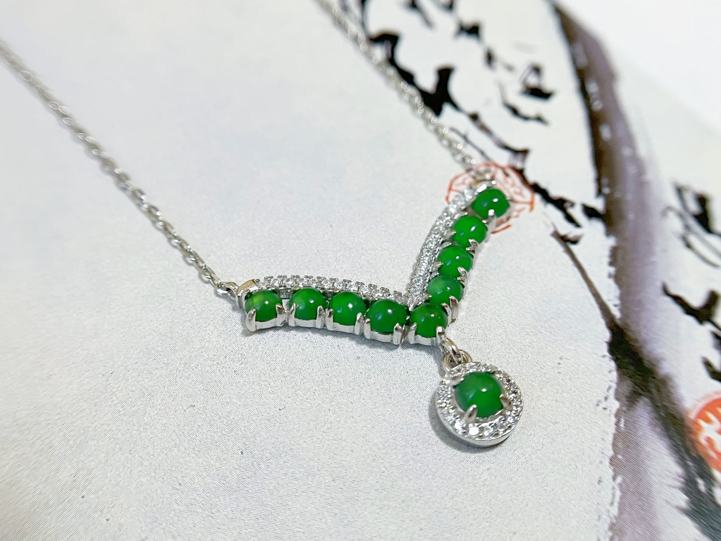 Imperial Green Jade V-Shaped Pendant Necklace in Sterling Silver