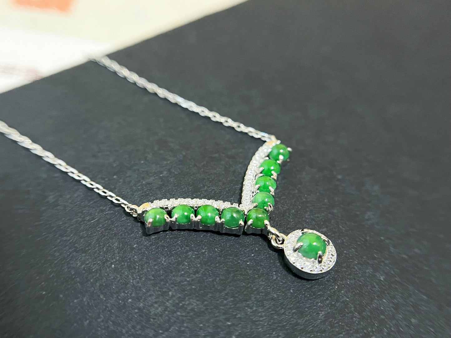 Imperial Green Jade V-Shaped Pendant Necklace in Sterling Silver