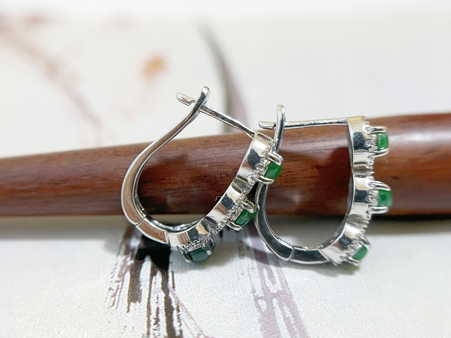 Green Jade Hoop Earrings in 925 Sterling Silver