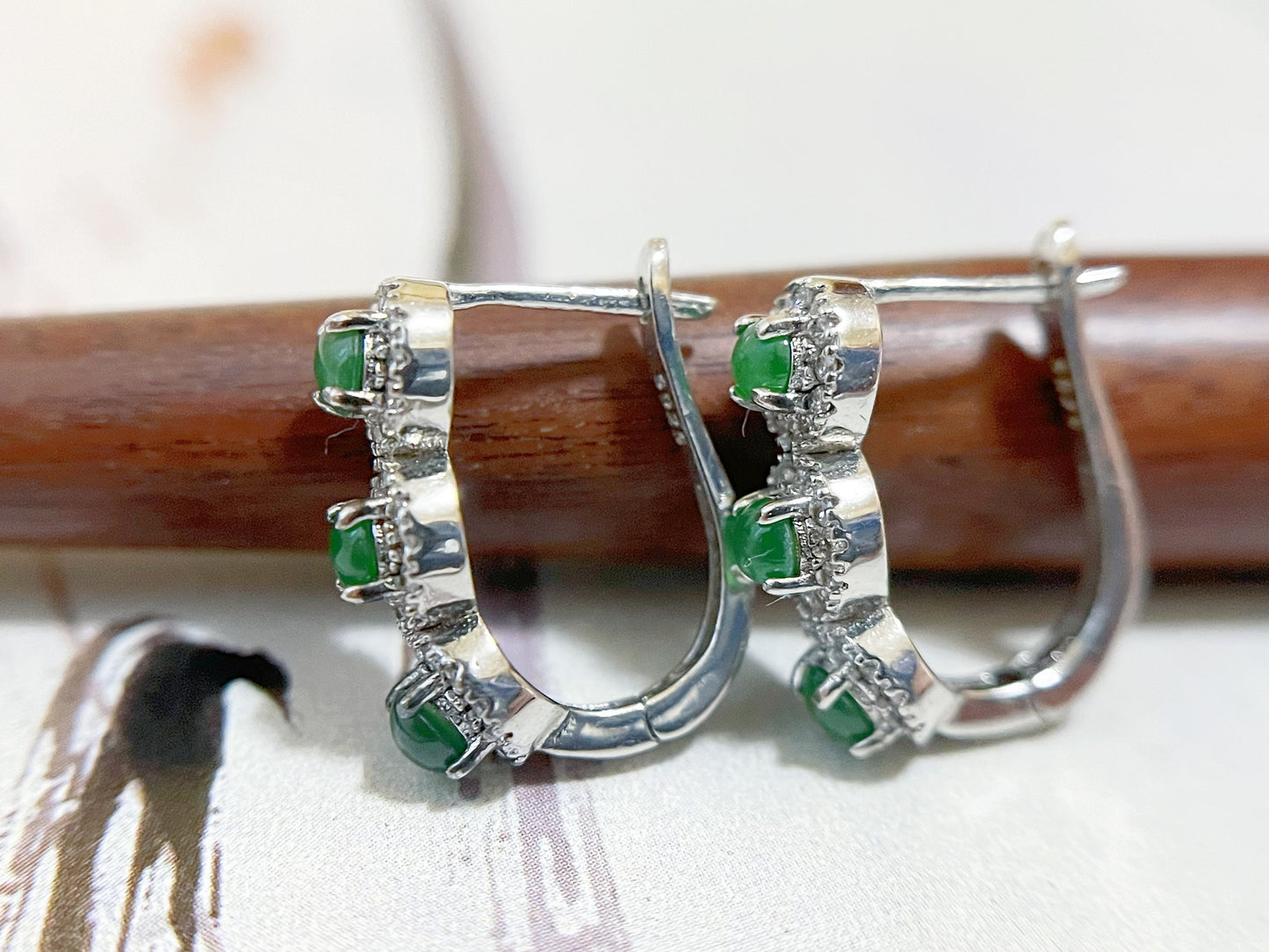 Green Jade Hoop Earrings in 925 Sterling Silver