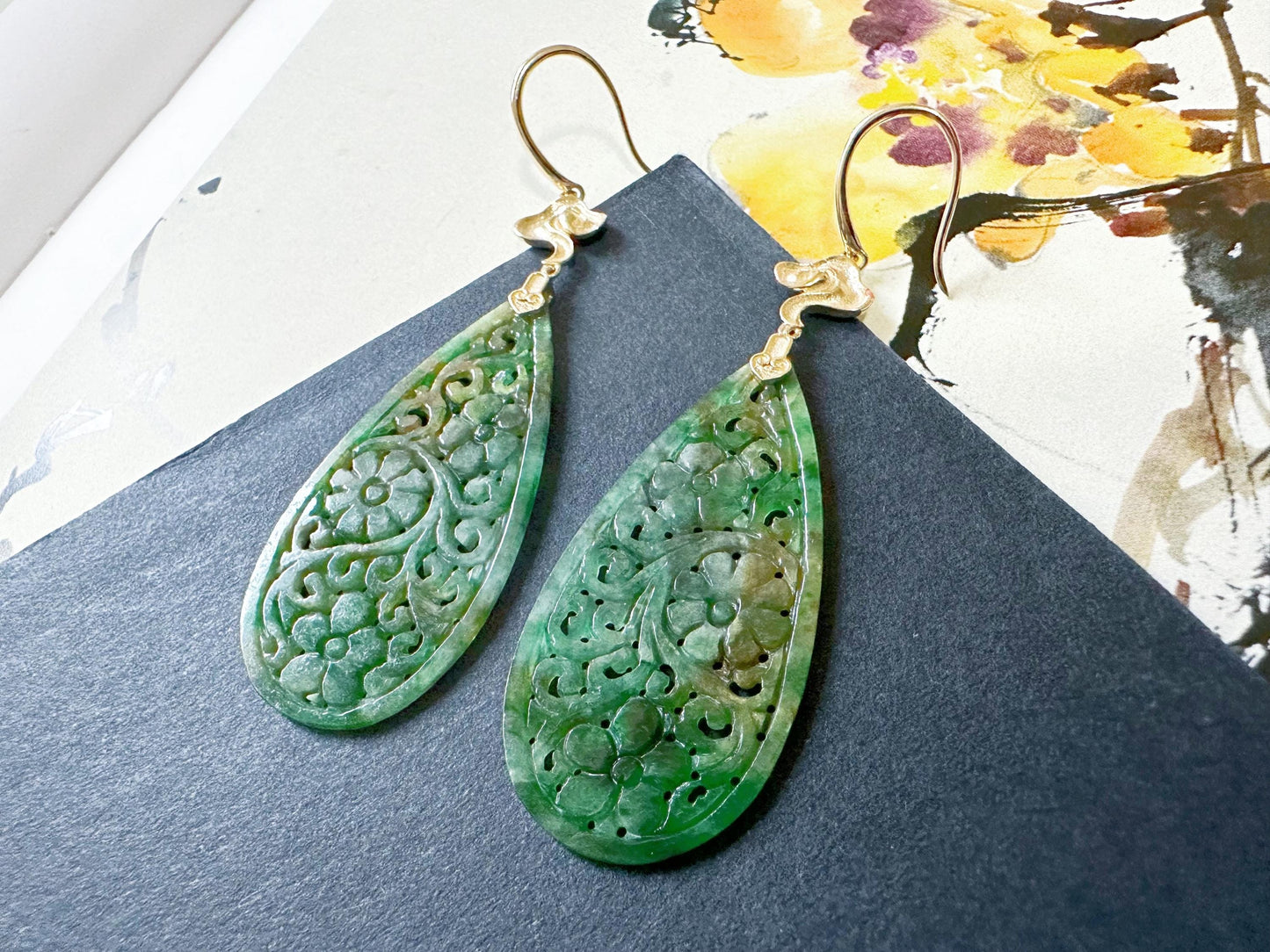 Natural Myanmar Jade Carved Vivid Bicolor Green and Yellow Jade 18K Gold Earrings