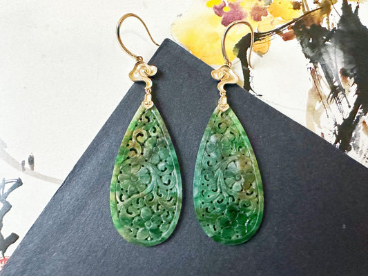 Natural Myanmar Jade Carved Vivid Bicolor Green and Yellow Jade 18K Gold Earrings