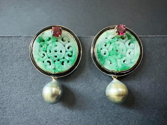 Natural Myanmar Green Jade Carved Earrings in 18K Gold and Black Agate & Pearl