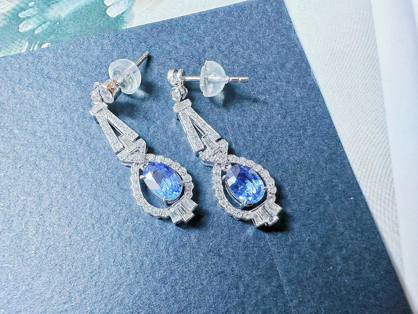 Natural Sri Lanka Cornflower Blue Sapphire Set in 18k White Gold Earrings,  Diamond Ear Studs, September Birthstone