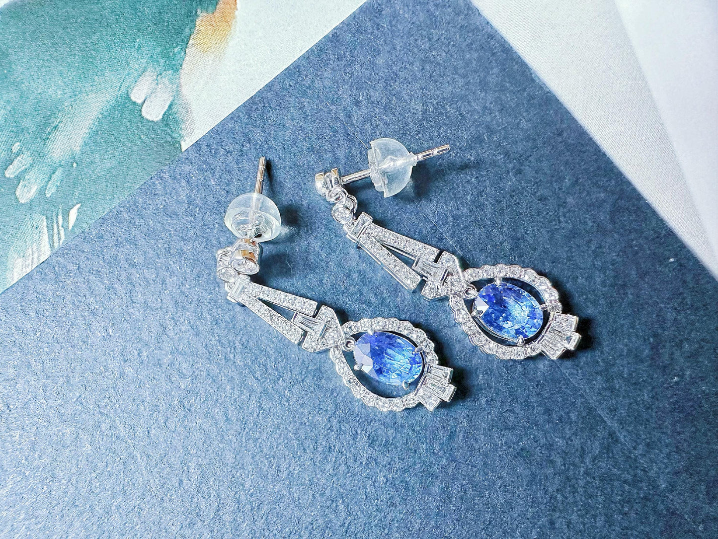 Natural Sri Lanka Cornflower Blue Sapphire Set in 18k White Gold Earrings,  Diamond Ear Studs, September Birthstone