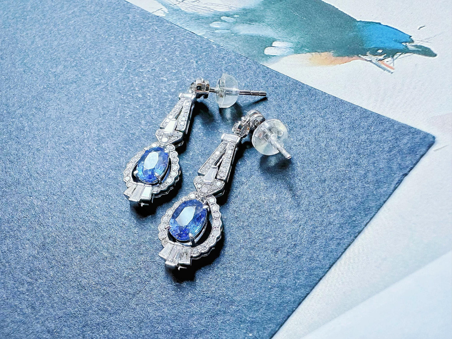 Natural Sri Lanka Cornflower Blue Sapphire Set in 18k White Gold Earrings,  Diamond Ear Studs, September Birthstone