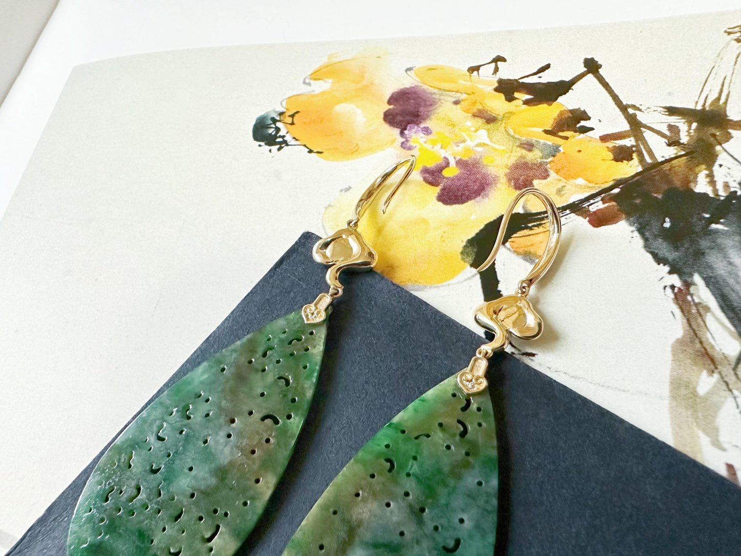 Natural Myanmar Jade Carved Vivid Bicolor Green and Yellow Jade 18K Gold Earrings