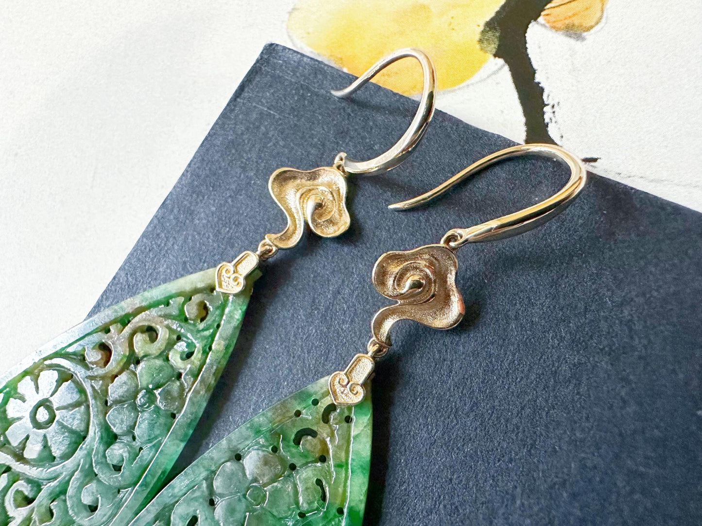 Natural Myanmar Jade Carved Vivid Bicolor Green and Yellow Jade 18K Gold Earrings