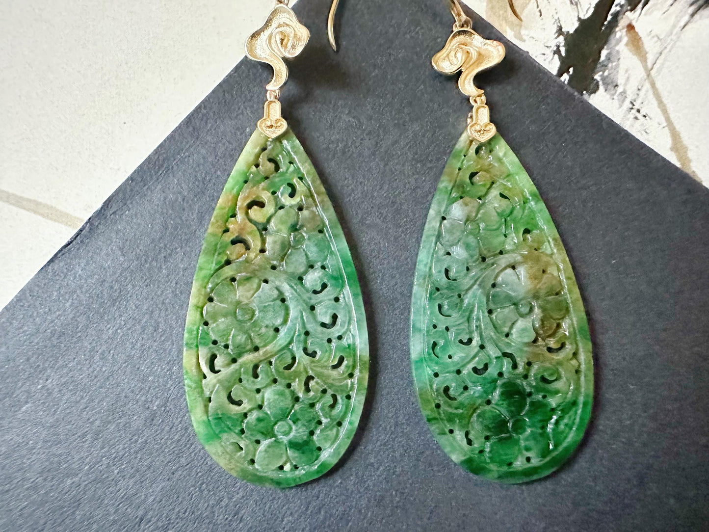 Natural Myanmar Jade Carved Vivid Bicolor Green and Yellow Jade 18K Gold Earrings