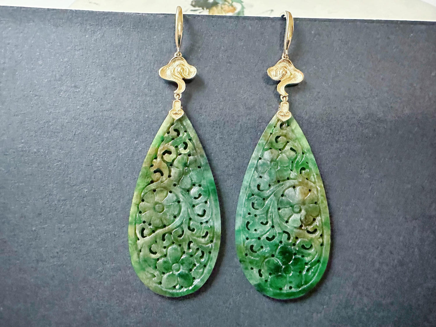 Natural Myanmar Jade Carved Vivid Bicolor Green and Yellow Jade 18K Gold Earrings