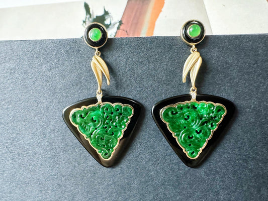 Natural Triangular Intense Green Jade Carved Earrings in Black Agate, 18K Gold & Diamond