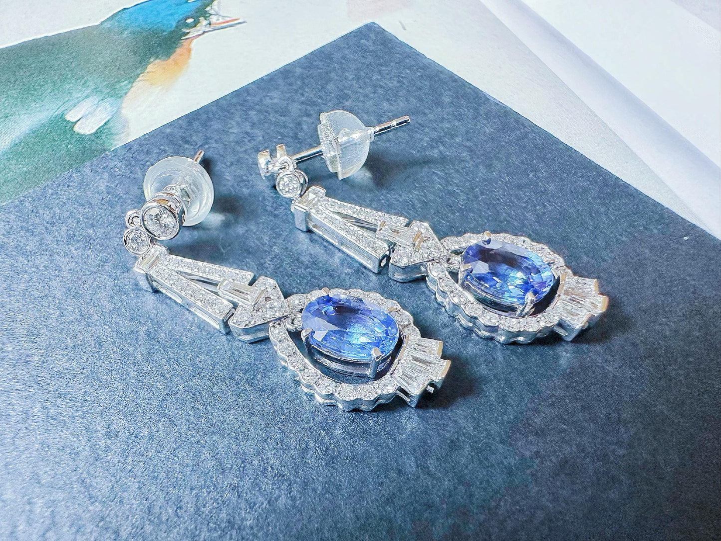 Natural Sri Lanka Cornflower Blue Sapphire Set in 18k White Gold Earrings,  Diamond Ear Studs, September Birthstone