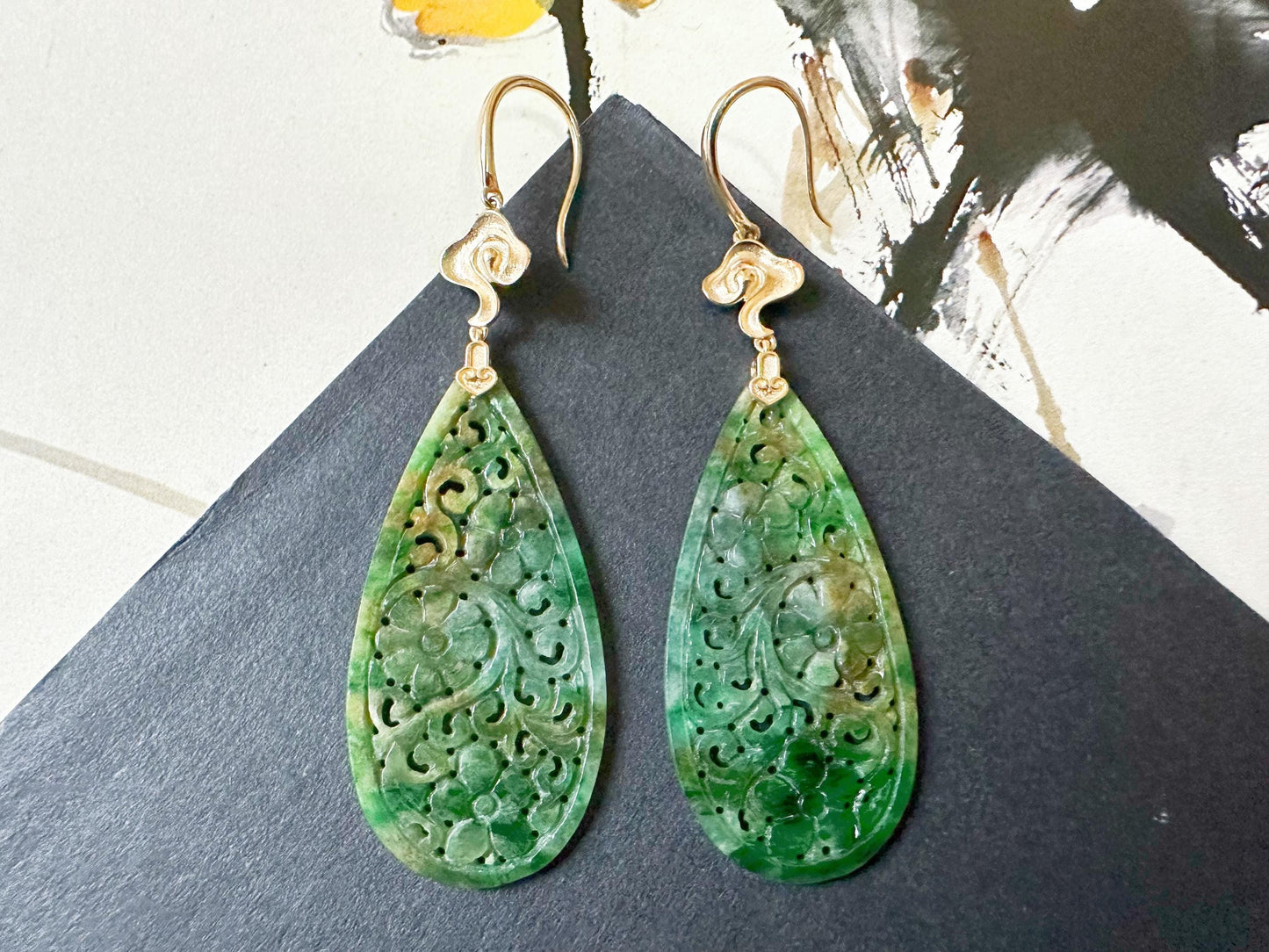 Natural Myanmar Jade Carved Vivid Bicolor Green and Yellow Jade 18K Gold Earrings