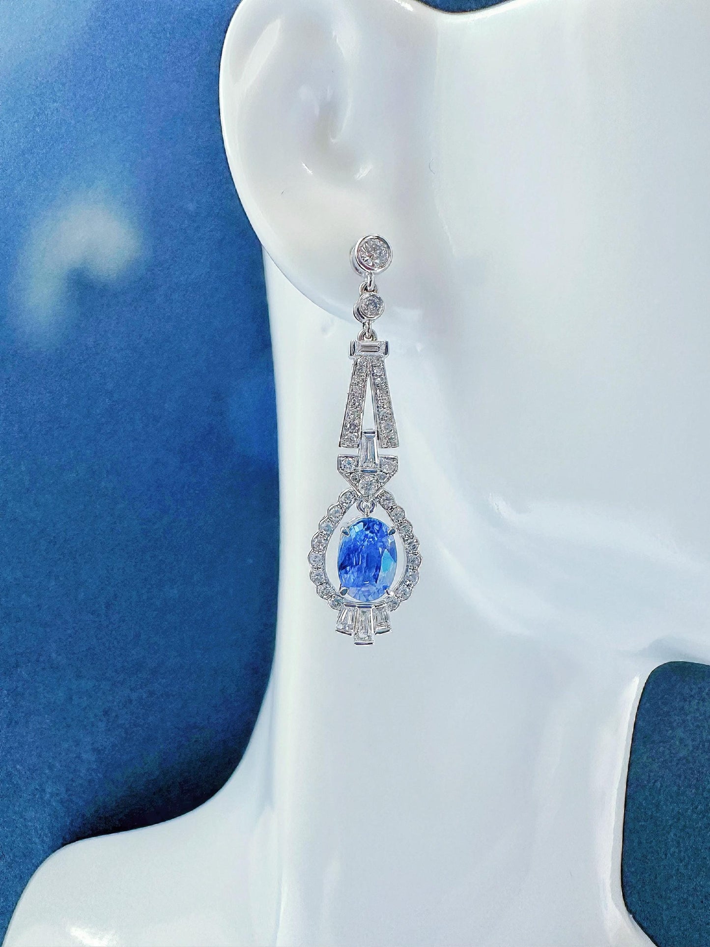 Natural Sri Lanka Cornflower Blue Sapphire Set in 18k White Gold Earrings,  Diamond Ear Studs, September Birthstone