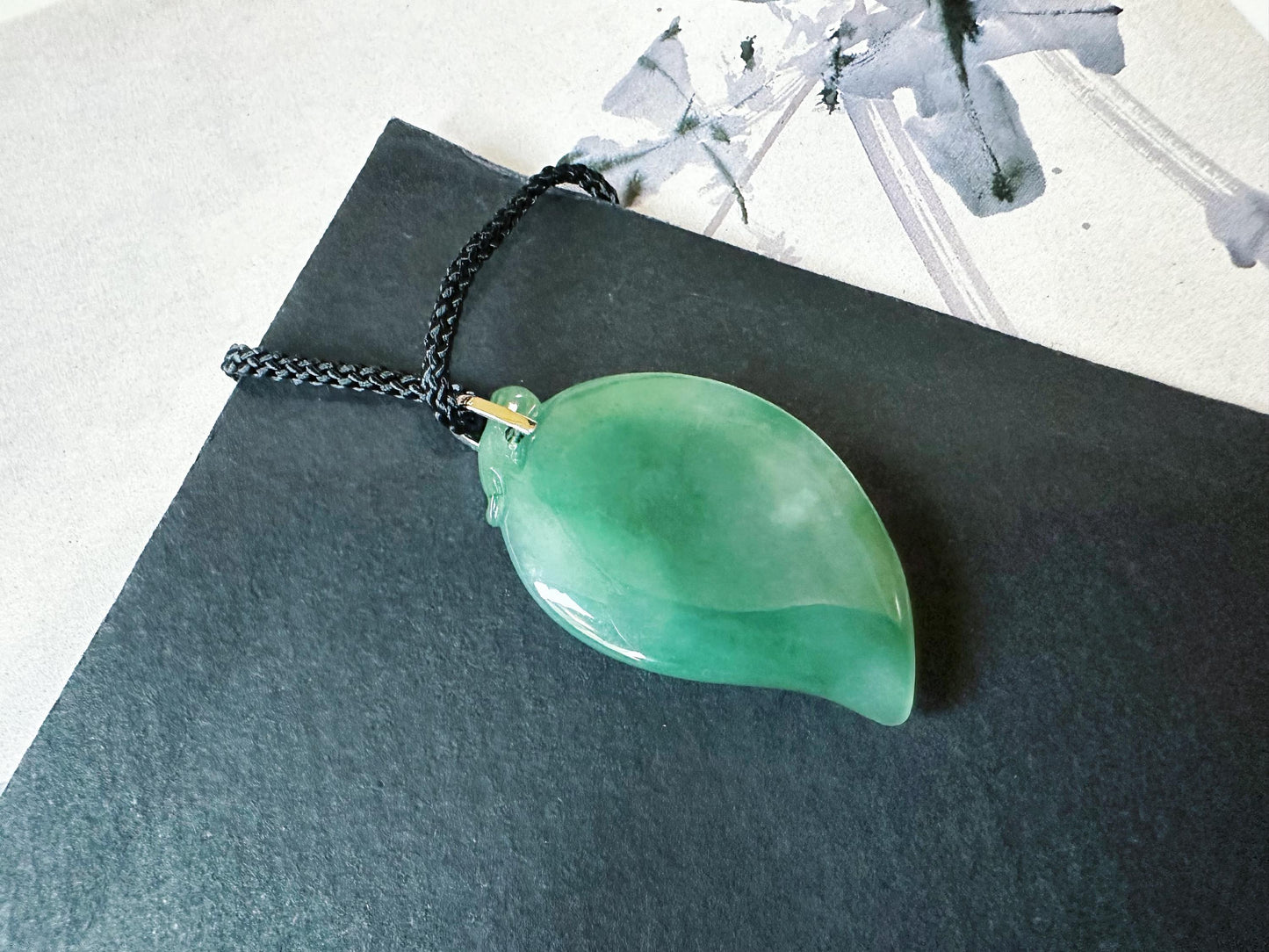 Natural Teal Green Jade Fish Pendant in 18K White Gold with Diamond Bail
