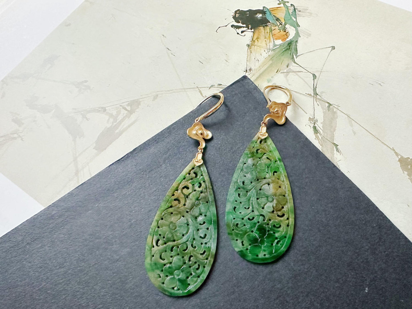 Natural Myanmar Jade Carved Vivid Bicolor Green and Yellow Jade 18K Gold Earrings
