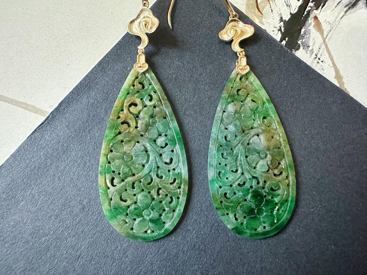 Natural Myanmar Jade Carved Vivid Bicolor Green and Yellow Jade 18K Gold Earrings
