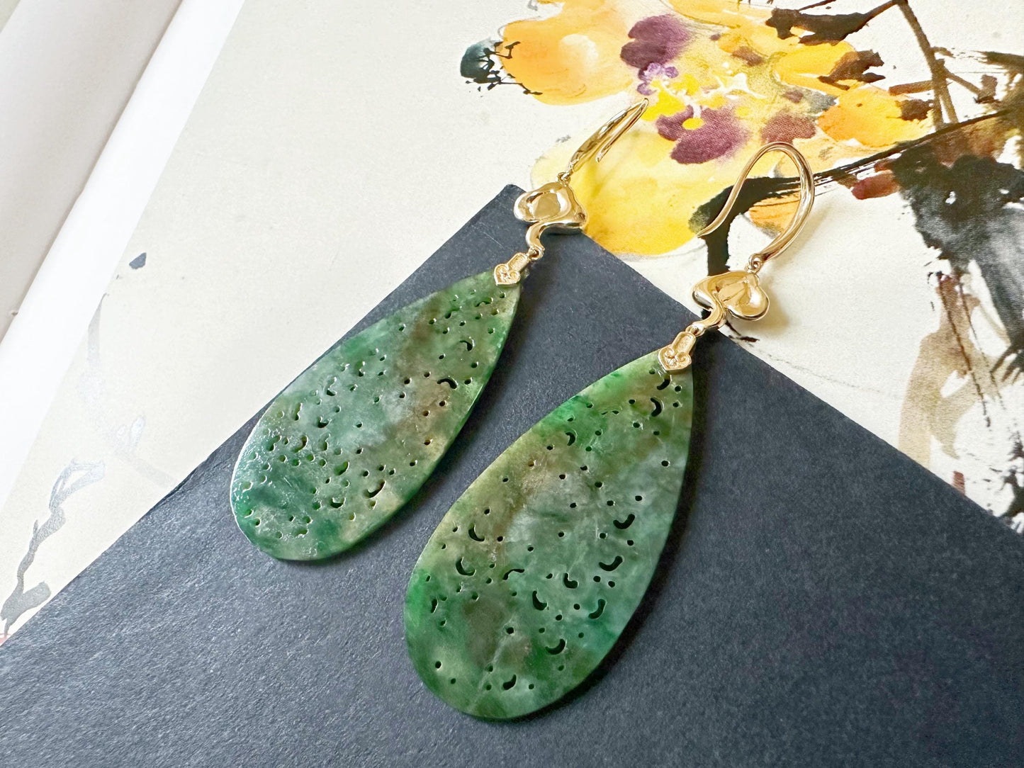 Natural Myanmar Jade Carved Vivid Bicolor Green and Yellow Jade 18K Gold Earrings