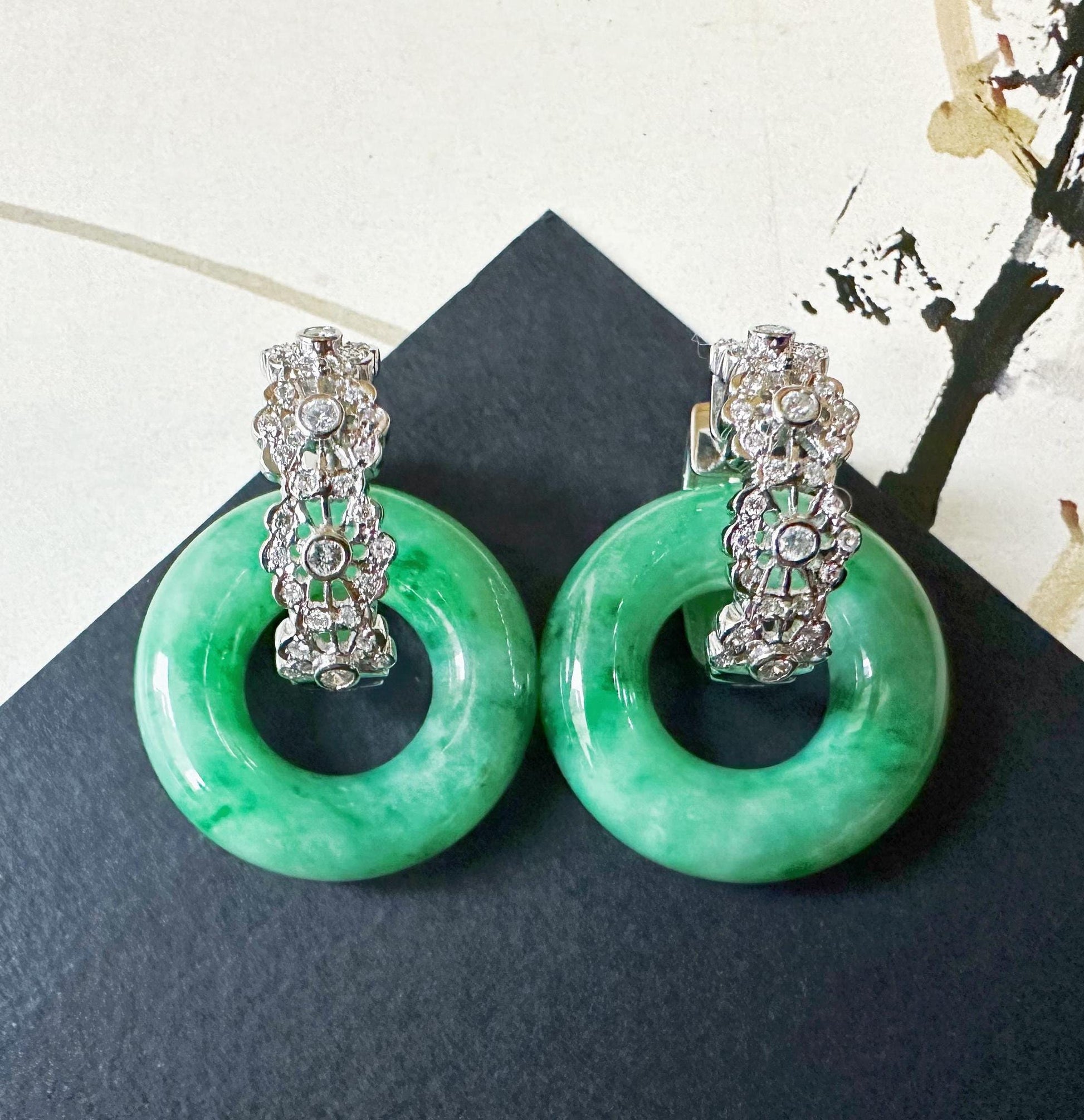 Natural Myanmar Icy Type Vivid Green Jade Donut in 18K White Gold, Diamond Hoop Earrings