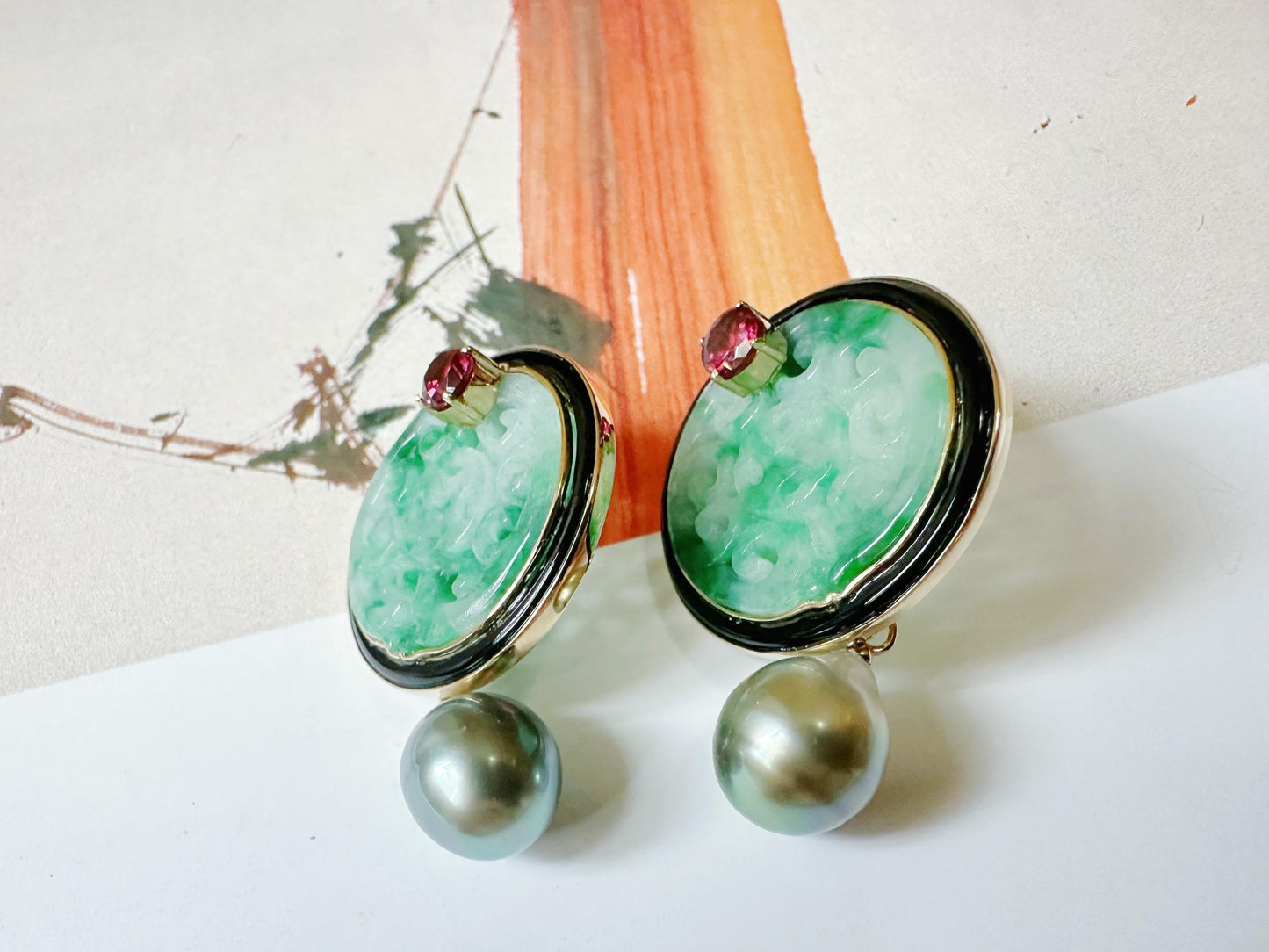 Natural Myanmar Green Jade Carved Earrings in 18K Gold and Black Agate & Pearl