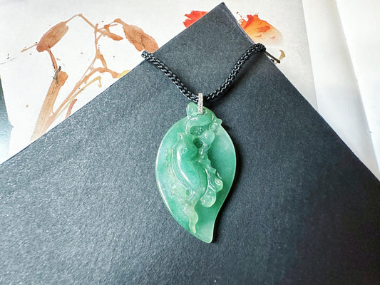 Natural Teal Green Jade Fish Pendant in 18K White Gold with Diamond Bail