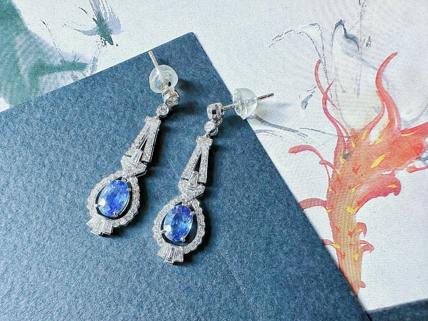 Natural Sri Lanka Cornflower Blue Sapphire Set in 18k White Gold Earrings,  Diamond Ear Studs, September Birthstone