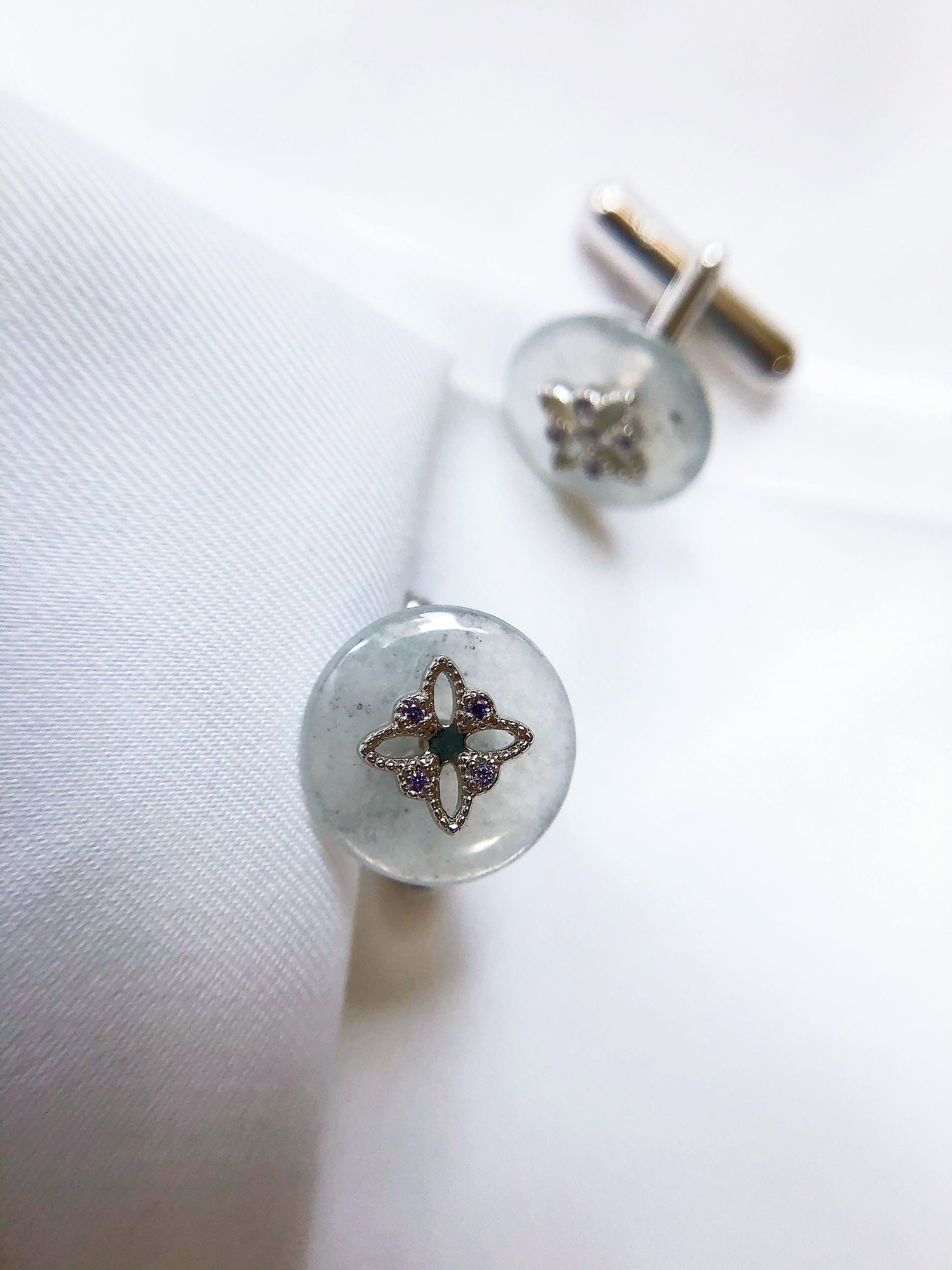 Icy Jadeite Cufflinks, Sterling Silver, Purple Zircon, Modern Executive Accessory