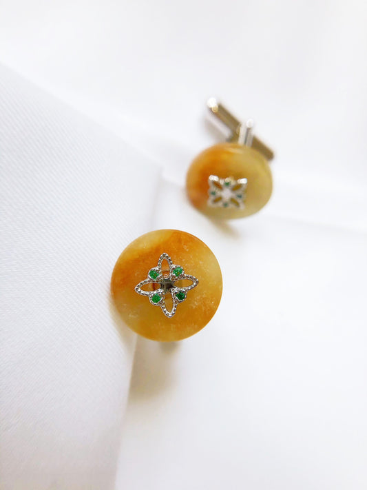 Natural Myanmar Yellow Jade Unisex Cufflinks — Type A Jadeite in 925 Silver