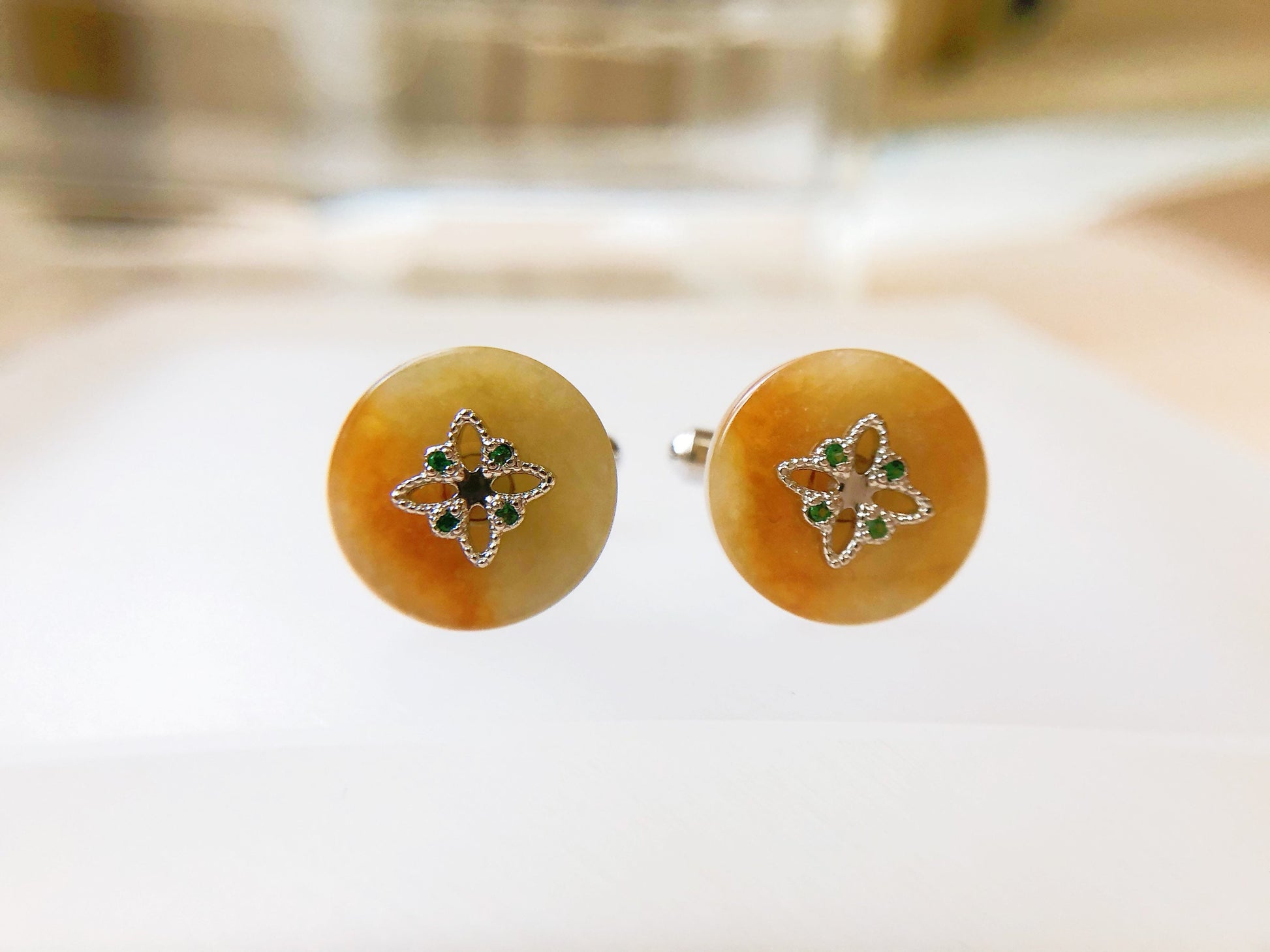 Natural Myanmar Yellow Jade Unisex Cufflinks — Type A Jadeite in 925 Silver