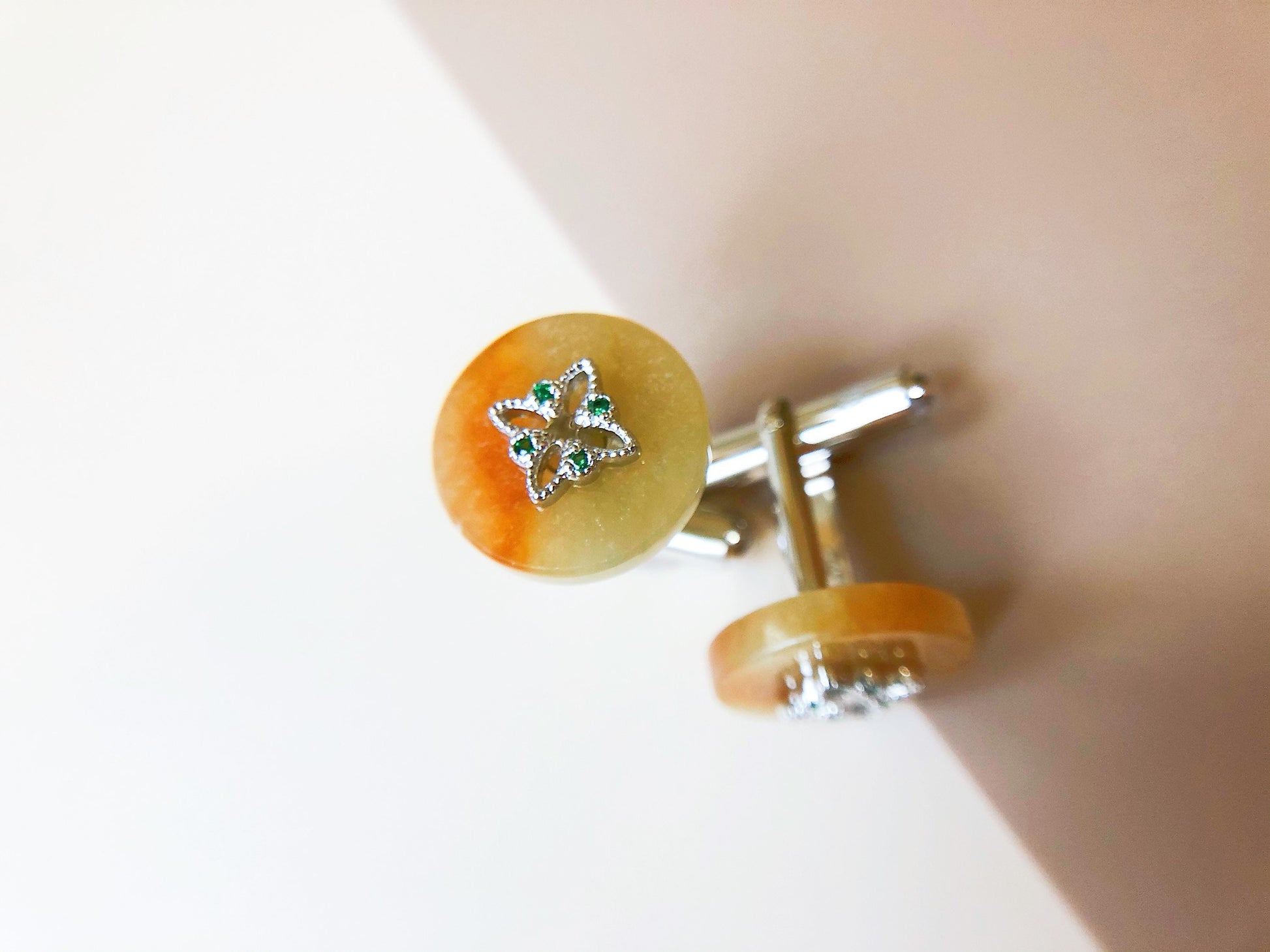 Natural Myanmar Yellow Jade Unisex Cufflinks — Type A Jadeite in 925 Silver