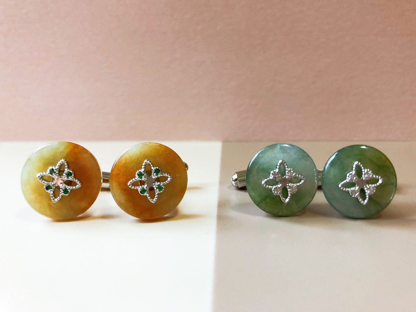 Natural Myanmar Yellow Jade Unisex Cufflinks — Type A Jadeite in 925 Silver
